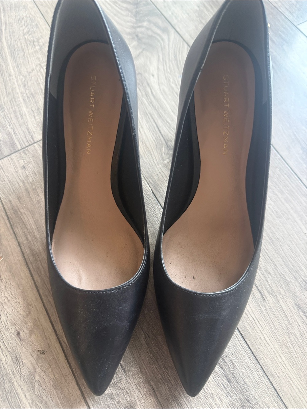Stuart Weitzman Black Pointed-Toe Leather Pumps